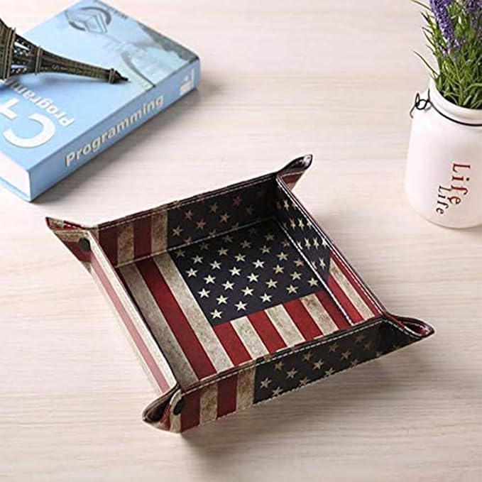 siduater Valet Tray Desktop Storage Organizer, Vegan Leather Catchall Bedside Vanity Tray Nightstand Caddy Holder for Remote Controller, Watch, Keys, Phone, Wallet, Sunglasses, Jewelry - Flag