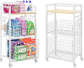 3 Tier Laundry Room Cart with Pull-Out Baskets, Utility Cart Rolling Storage Cart with Wheels Bathroom Organizers Storage Shelf with Wood Top Laundry Room Organization and Storage, White