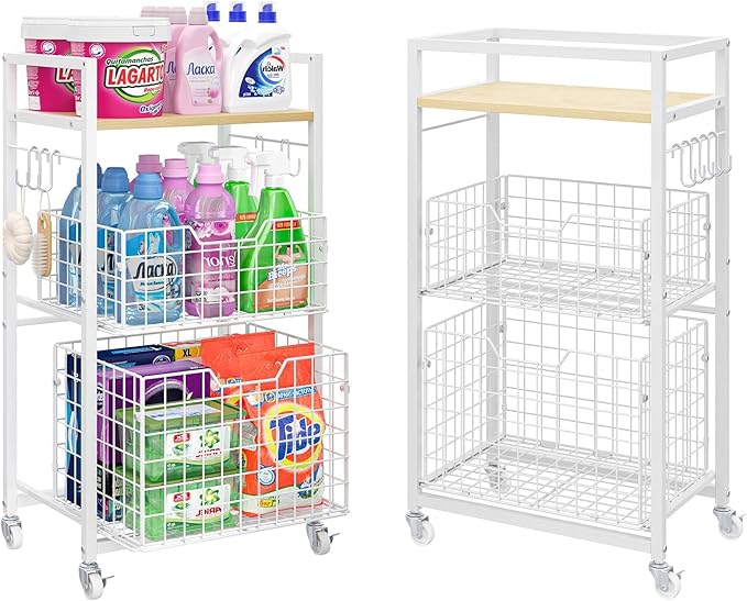3 Tier Laundry Room Cart with Pull-Out Baskets, Utility Cart Rolling Storage Cart with Wheels Bathroom Organizers Storage Shelf with Wood Top Laundry Room Organization and Storage, White