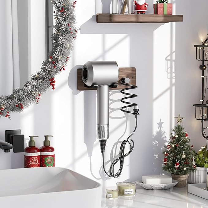 Tindbea Hair Dryer Holder Curling Iron Holder, Blow Dryer Holder Wall Mount, Bathroom Hair Tool Organizer Rack for Universal Dryer, Walnut Matte Black
