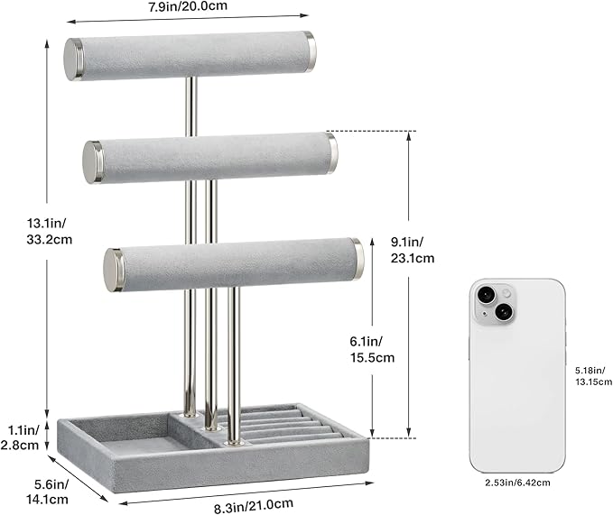 3 Tier Bracelet Holder Display - Detachable T Bar Grey Velvet Bracelet Holder, Jewelry Holder Organizer for Bracelet, Necklace, Earrings, Rings