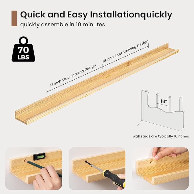Picture Ledge Shelf, Floating Shelves Set of 2, 48 Inches Solid Wood Nursery Book Shelves for Toys Storage, Kids Bookshelf Wall Mounted for Living Room Bedroom Decor Books Photo Frames, Natural
