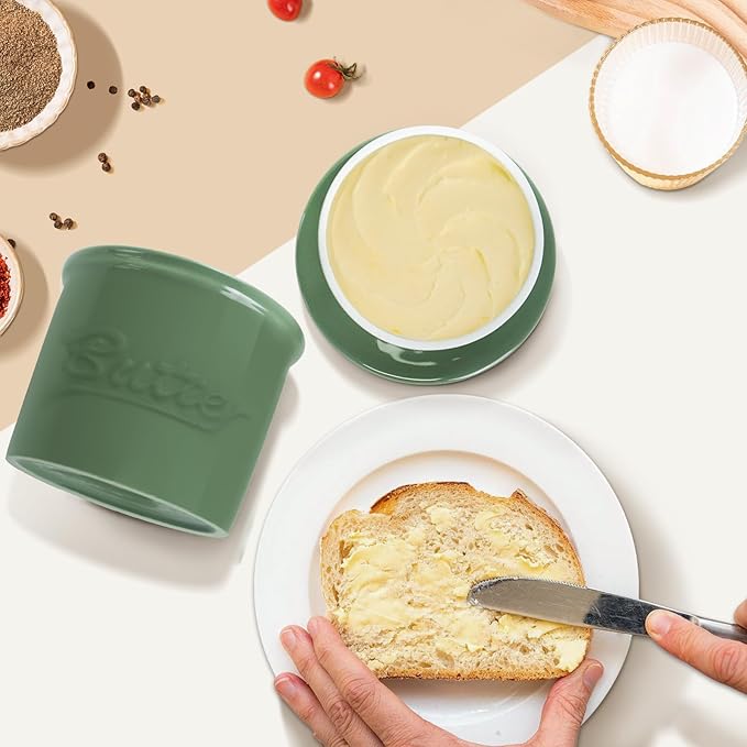 Butter Crock for Counter with Water, French Butter Keeper for Spreadable Butter Ceramic Butter Dish with Lid for Countertop, Butter Container Holder, Home Kitchen Decor (Green, M)