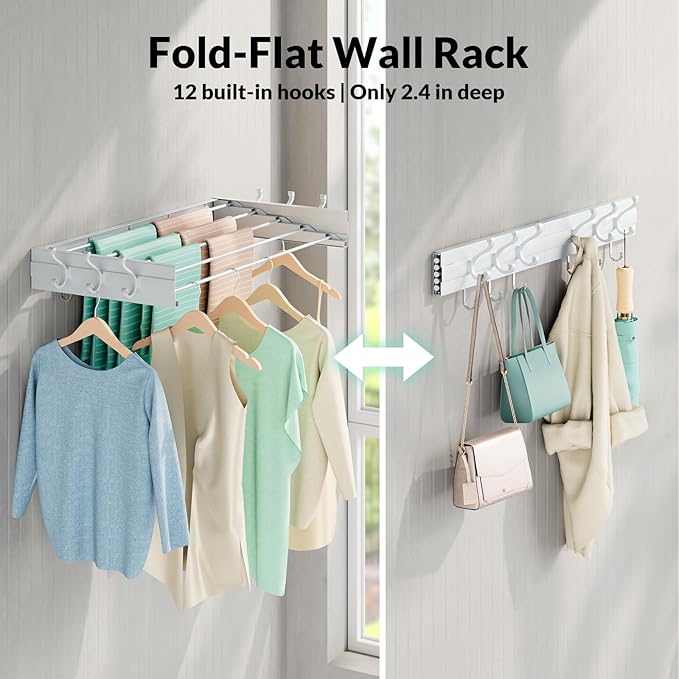 BAKON Wall Mounted Drying Rack, Indoor Outdoor Foldable Wall Mounted Clothes Drying Rack, Concealed Wall Drying Rack - Space Saving for Storage and Drying Clothes, 6 Hooks, 5 Poles (31.5"【Upgrade】)