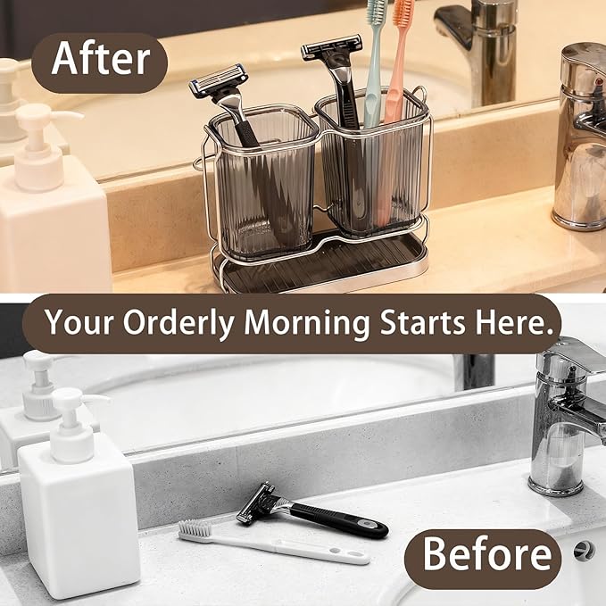 2-Pack Grey Toothbrush Holders, Wall Mounted or Countertop Toothbrush Holders with Drain Tray, All-in-One Bathroom Organizers and Storage for Toothpaste, Razors, Family & Kids (Grey)