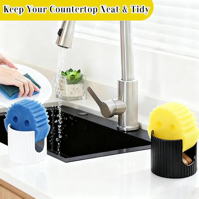 Kitchen Sponge Holder,3 inch heigh Ceramic Sponge Holder for Kitchen Sink Countertop,Space-Saving Multi-Functional Dish Sponge Rack and Bathroom Organizer Accessories,White and Black Suits