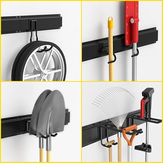 Wall Mount Tool Storage Rack, 15 PCS Heavy Duty Steel Yard Garden Tool Organizer, Garage Tool Organizer Wall Mounted Storage System Hold Up to 550lbs, with 2 Extension Cord