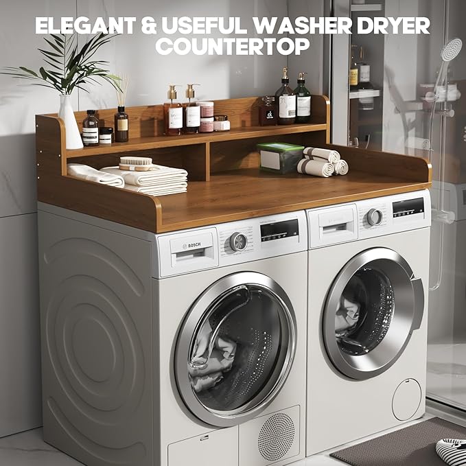 2-Tier Washer and Dryer Countertop with 2.75" H Guard,54" W x 27.5" D Laundry Countertop Cover with Non-Slip Pad,Large Space Laundry Topper for Folding Clothes Over Washer and Dryer-Brown