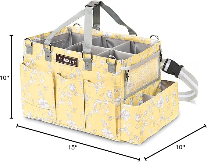 FifthStart Multiuse Cleaning Caddy - Diaper Caddy with Waist, Shoulder Strap, 9 Pockets, Mesh Base & Adjustable Compartments - Cleaning Supplies Organizer (Yellow Floral, Large)