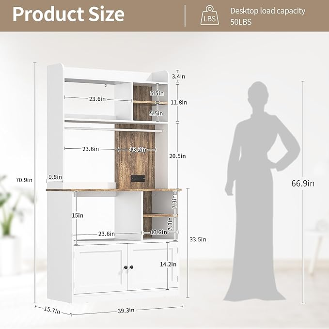 Book Shelf, 5-Tier Bookshelf, Bookcase, 71 inch Tall Bookcase with Doors, Bookshelves and Bookcases with Storage Cabinet and 6 Open Cubes, 3 AC Outlets for Home Office, Living Room, Study, White