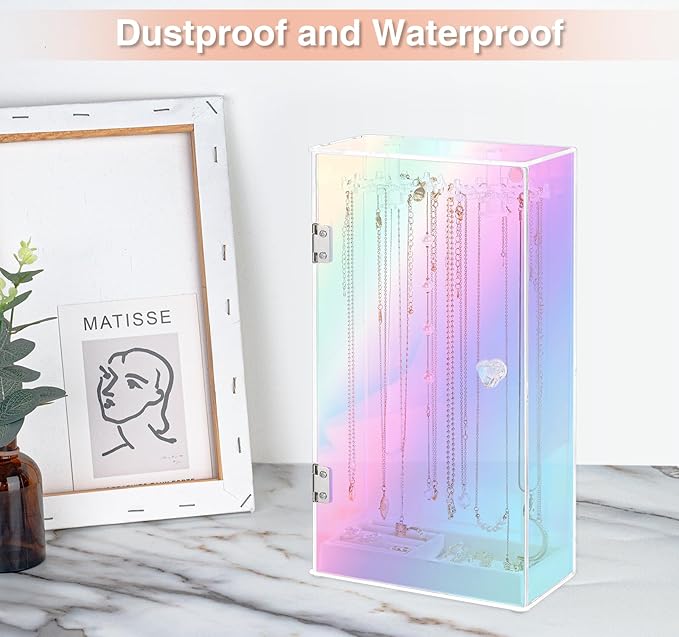 Jenseits Iridescent Necklace Organizer, Acrylic Necklace Holder w/Velvet Tray, Dustproof Rotation Jewelry Holder Organizer Display Stand Box Hanger, Necklaces Ring Bracelet Case, Gift for Women, Girl