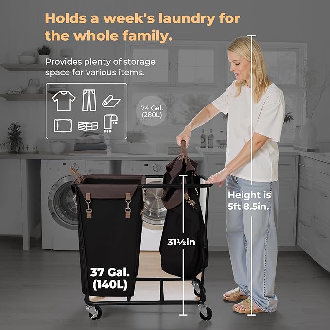 StorageWorks 280L Large Lanudry Hamper with Wheels, Laundry Basket with Wheels 2 Sections, Clothes Sorter Cart with Divider for Hotel, Home, Black, 1-Pack