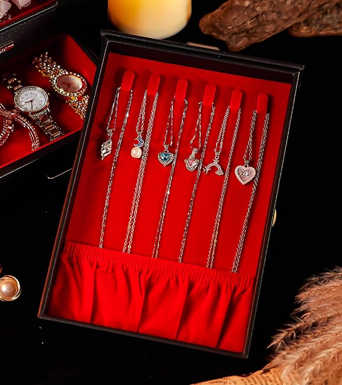 Homde Jewelry Organizer with Transparent Window Necklace Hooks Gift for Women Jewelry Box Display Case for Necklaces Rings Earrings Bracelets and Other Jewelry Accessories (Black + Red +Gold)