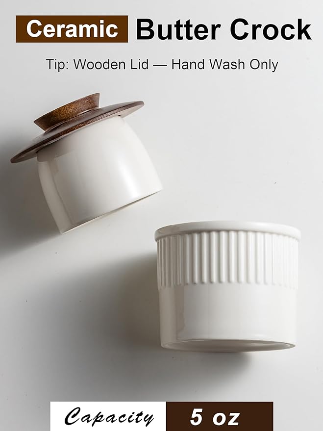 Ceramic Butter Crock, Butter Dish with Lid for Countertop, French Butter Keeper, Classic Stripe Pattern, White