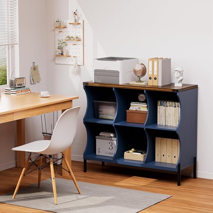 6 Cube Storage Shelf Organizer, Low Book Shelf Bookcase Entryway Table, Wood Closet Storage Display Cabinet TV Stand for Living Room, Office,Bedroom, Dorm, Blue with Natural Top