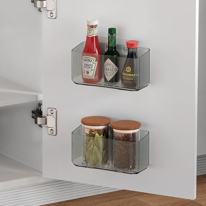 MaraFansie 2 Pack Plastic Lid Organizers - Inside Cabinet for Kitchen, No Drilling Wall Mount Container Holders for Tupperware, Food Storage, Clear Gray