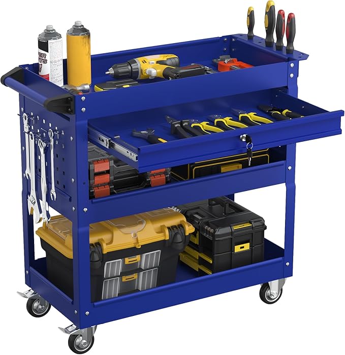 3 Tier Rolling Tool Cart with Drawers, Heavy Duty Utility Cart on Wheels, Large Storage Capability Service Cart for Garage, Warehouse and Repair Shop (Deep Blue)