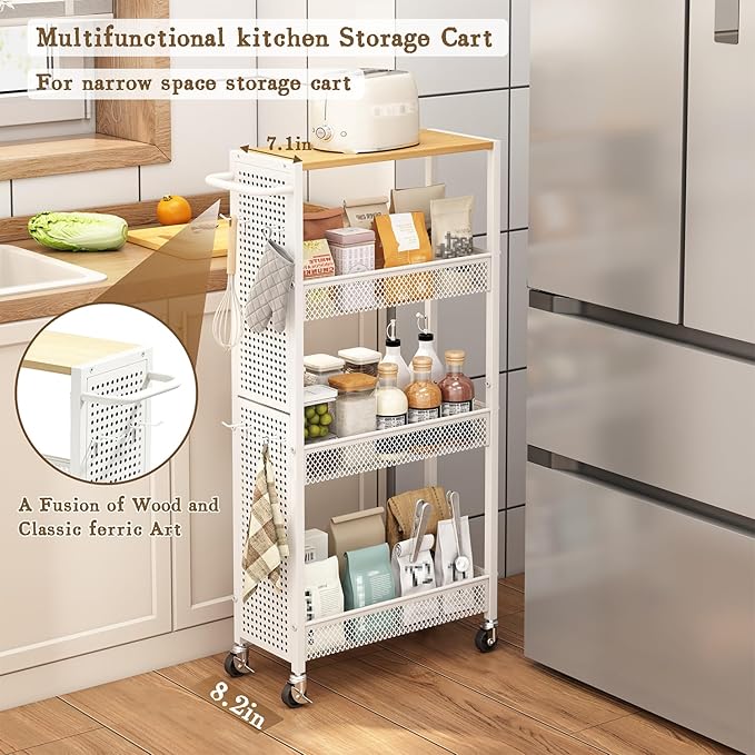 Utility Slim Storage Cart 4 Tier Small Rolling Kitchen Laundry Room Organization Cart with Wood Top Metal Narrow Laundry Room Shelves Cabinet Unit Laundry Organizer Trolley with Handle for Small space