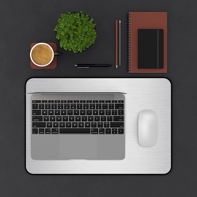 Brushed Metal Texture Desk Mat - Extended Mouse Pad & Desk Pad, Neoprene Surface, Non-Slip Rubber Base, Stitched Edges, Desk Protector for Keyboard & Mouse (Silver, 12x18)