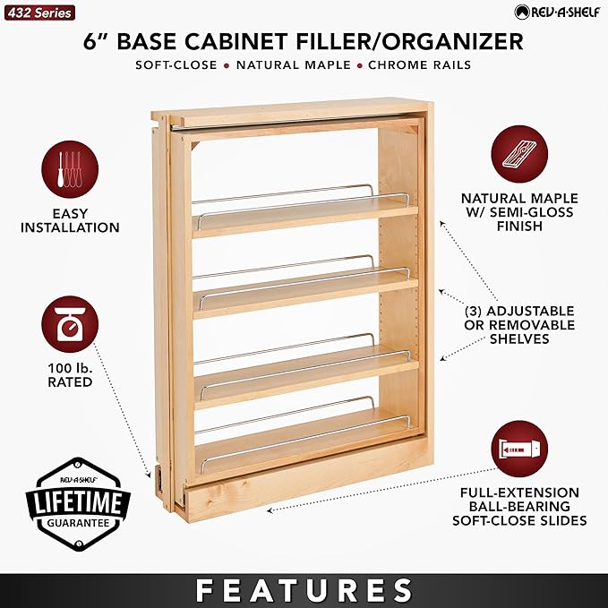 Rev-A-Shelf 6" Pull Out Shelf Organizer for Base Kitchen Cabinets, Filler Spice Rack Seasoning Storage Holder w/Soft-Close, Wood, 432-BFBBSC-6C