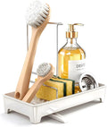 Ceramic-Look Sink Caddy, Rustproof Sponge Holder for Kitchen Sink with 304 Stainless-Steel Brush Holder, Countertop Rack Organizer with Raised Ridges & Silicone Drain Tube (Ceramic White)