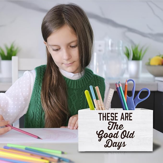 Inspirational Pen Holder for Desk, Motivational Quote Pencil Organizer, These Are the Good Old Days Positive Affirmation Wooden Box Sign Desk Decor for Home Office Decoration