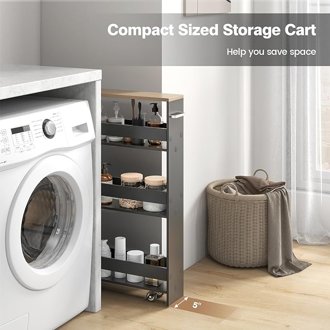 Slim Rolling Storage Cart, 4 Tier Narrow Kitchen Cart with Wheels, Between Washer and Dryer Cart, Wood Shelving Unit Organizer w/Handle for Small Spaces (Grey & Natural, 5-Inch)