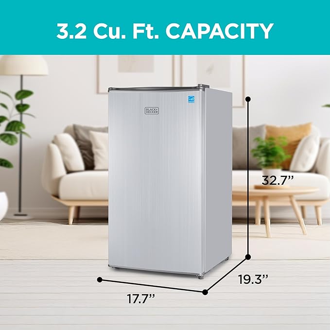 BLACK+DECKER 3.2 Cu. Ft. Compact Refrigerator, ENERGY STAR Small Refrigerator, Single Door Mini Fridge with Chiller Compartment, Personal Fridge for Home or Dorm Room, BCRK32V, Stainless Look