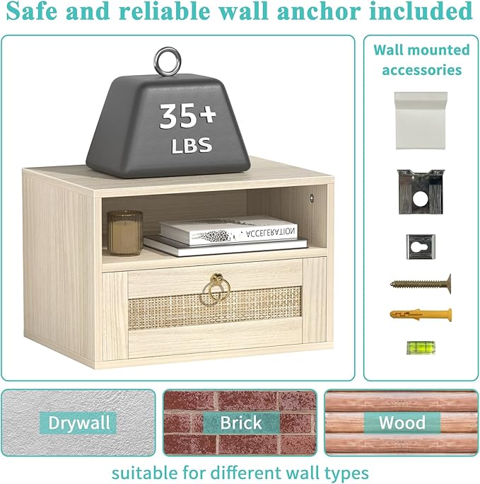 Floating Nightstand with Drawer for Wall Mounted Hanging Rattan Night Stand Bed Side Tables Wooden End Table Small Boho Dressers Farmhouse Shelves for Bedroom