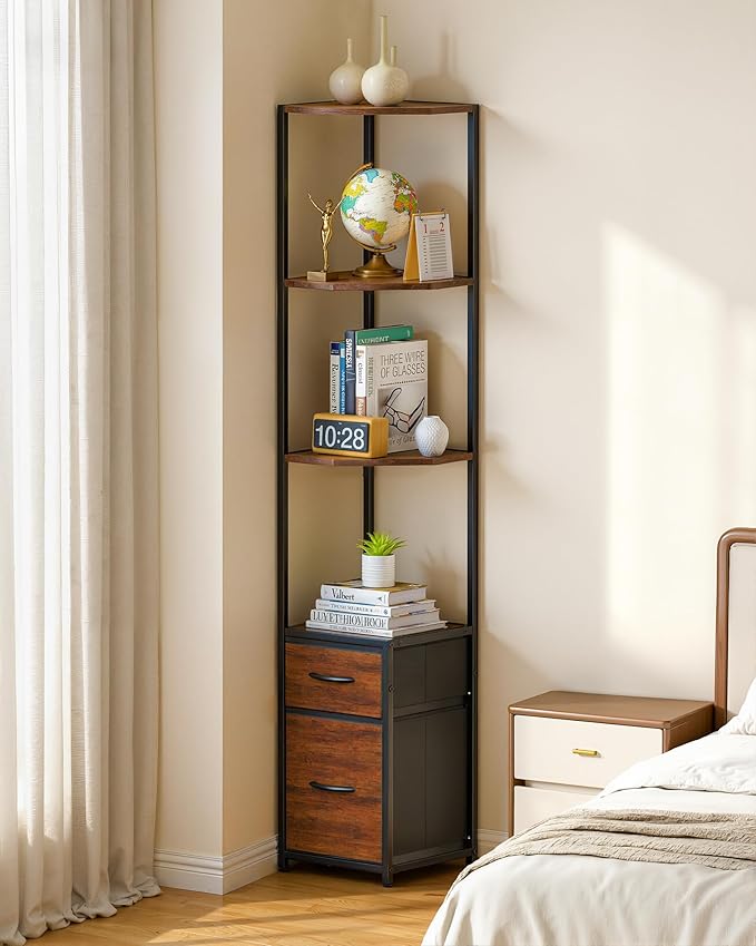 Housolution Corner Shelf Stand with Storage, 63.8'' Tall 6-Tier Corner Bookshelf Includes 2 Fabric Drawers, Freestanding Corners Storage Shelf for Living Room Bedroom Kitchen Bathroom (Black + Brown)