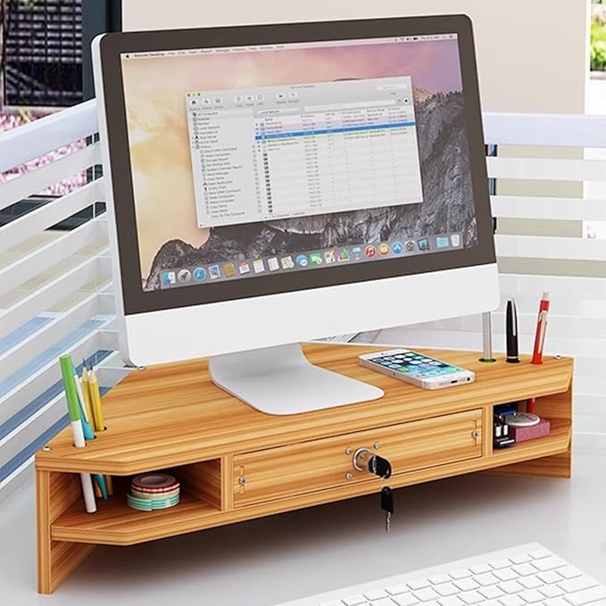 Triangular Wooden Corner Monitor Stand - Space-Saving Desktop Organizer & Laptop Shelf with Drawer, Perfect for Home & Office Use, Maximizing Workspace Efficiency
