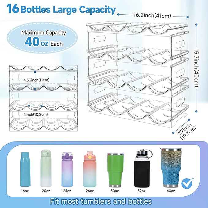 Large Compartment Water Bottle Organizer,4 Tier Stackable Water Bottle Rack for Cabinet,Tumbler Storage Organizer for Kitchen,Fridge,Cabinet Organization and Storage,Clear Water Bottle Storage Rack