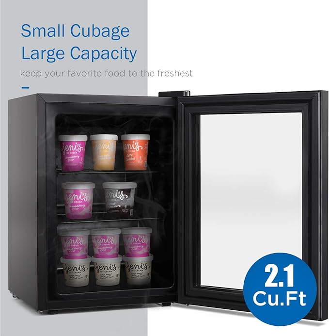Compact Mini Freezer with LED Light 3-Layer Glass Display Door 2.1 Cu Ft with 2 Removable Shelves Quiet Upright Freezer 7 Temperature Settings Perfect for Liquor and Ice Cream