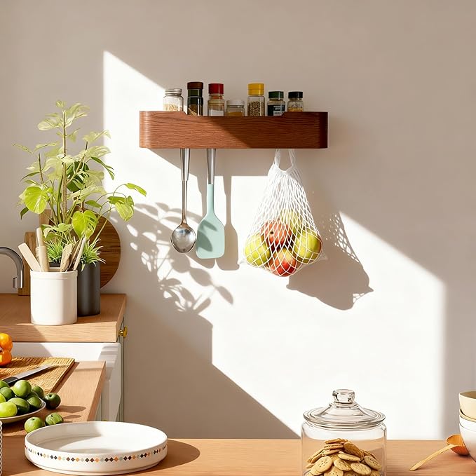 Wall Coat Rack Floating Shelves Modern Coat Rack Wall Mount with Storage Entryway Shelf Wooden Hanger 20 Inch 4 Hidden Metal Hooks for Living Room Bedroom (Walnut Color, 5 Hooks)