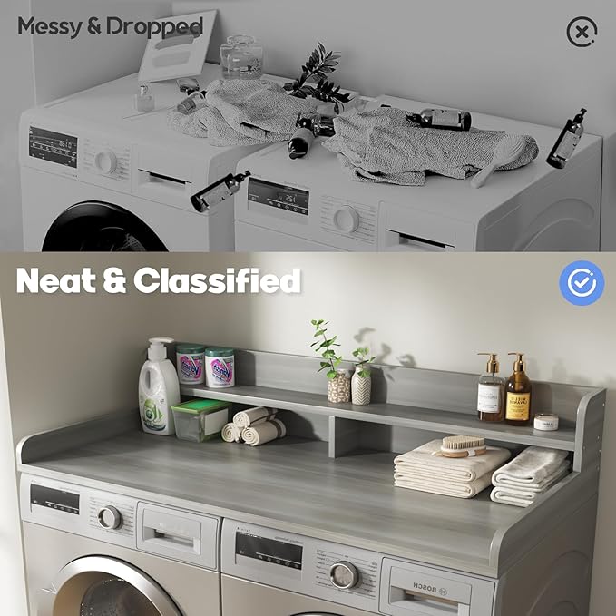 2-Tier Washer and Dryer Countertop with 2.75" H Guard,58" W x 28" D Laundry Countertop Cover with Non-Slip Pad,Large Space Laundry Topper for Folding Clothes Over Washer and Dryer-Stripe Gray
