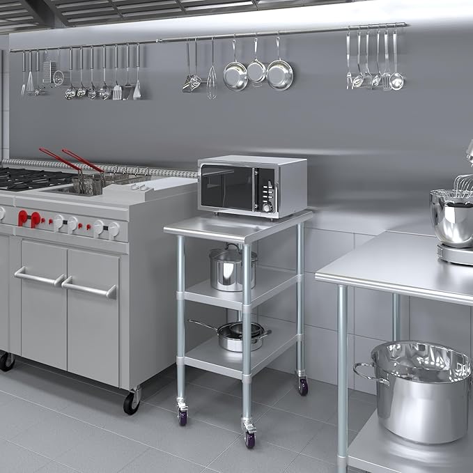 AmGood Stainless Steel Work Table with 2 Shelves and Casters | Metal Utility Table On Wheels (Stainless Steel Work Table with 2 Shelves + Casters, 18" Long x 30" Deep)