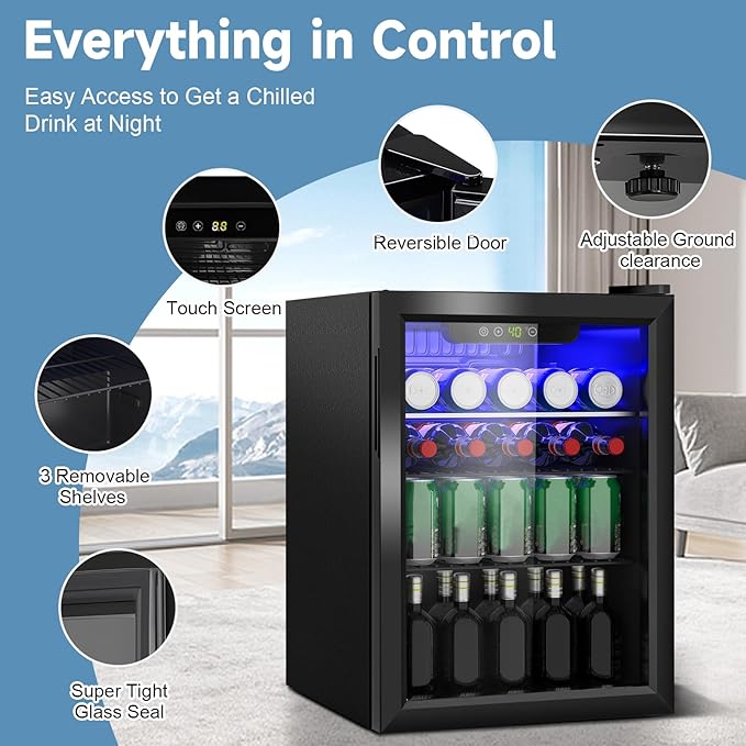 Beverage Refrigerator Cooler, 95 Can Mini Fridge Glass Door for Drinks Soda, Beer, or Wine - Small Refrigerator for Office Bedroom Home Bar, Adjustable Shelves, 2.6 Cu.Ft, Black