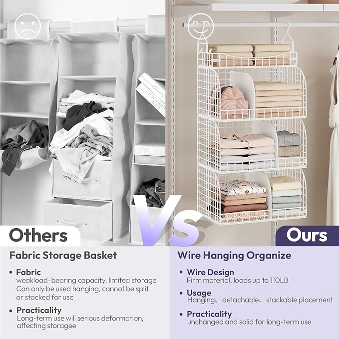 SWTYMIKI Hanging Closet Organizer Storage - 4 Tier Metal Stackable Hanging Closet Shelves with Dividers and S Hooks, Foldable Clothes Shelves for Clothes, Pants, Shoes, Coat, Hats Clutches Accessories
