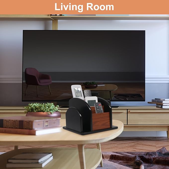 Coideal Remote Control Holder Caddy - Wooden Rotating Coffee Table Organizer Large Spinning Wood Remote Holder for Living Room Office (6 Compartments, Brown & Black)