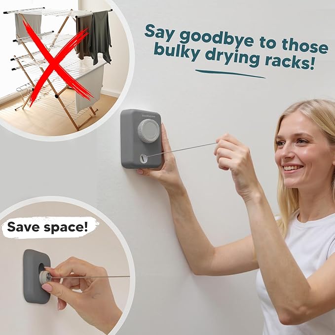 GorillaLine Max - Retractable Clothesline Indoor Outdoor Clothes Line - Heavy Duty Clothes Drying Laundry Line - Wall Mounted Drying Rack - Air Dry Clothing - Max Tighten with GorillaGrip