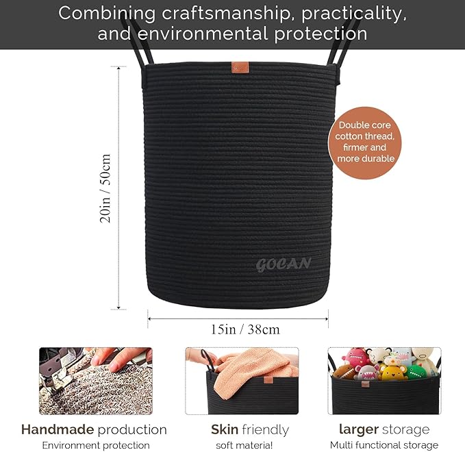 large tall sturdier Laundry Hamper Basket Woven Storage Baskets for clothes Pillows Blanket Toy in living or bed room decoration H50XD38cm black