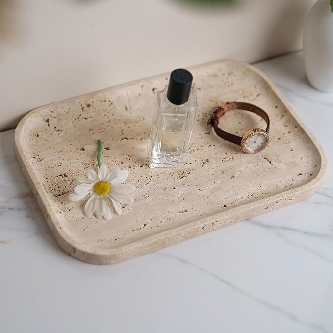 ‌VEROBELL Travertine Bathroom Vanity Tray | Natural Stone Storage Organizer | Luxury Home Decor for Countertop, Dresser, Spa | Non-Resin & Durable Design,11.8"x7.8"x0.6"