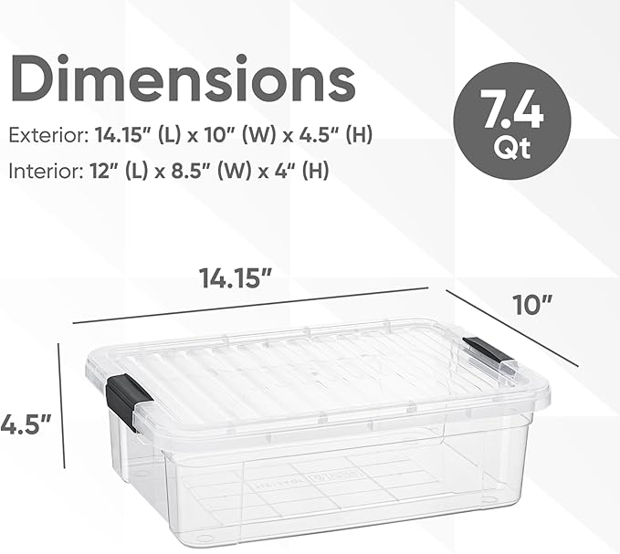 Superio Storage Bins with Lids- 8 Pack, 7.4 Qt Clear Boxes for Organizing, Stackable Plastic Containers- BPA Free, Non-Toxic, Odor Free, Organizer for Home, Office, Dorm