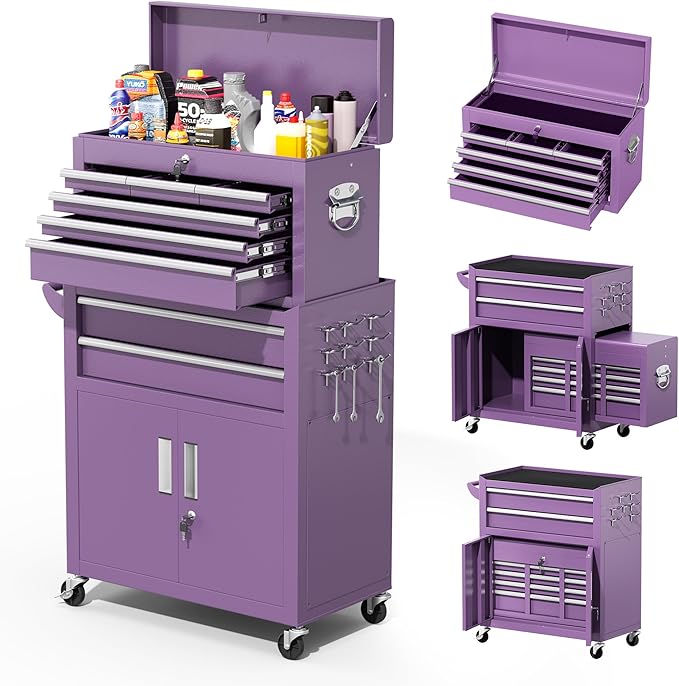 Greenvelly Tool Chest, 8-Drawer Rolling Tool Chest with Hooks and Lockable Wheels,Metal Storage Detachable Top Tool Box with Lockable Wheels for Garage,Workshop,Art Studio(Purple)