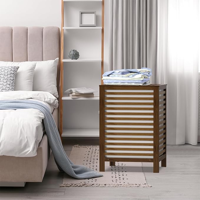 Bamboo Laundry Hamper with Lid, 120L Large Double Laundry Basket with Removable Liner Bag, 2-Section Clothes Laundry Sorter for Bedroom, Bathroom, Laundry Room,18.5 x 18.5 x 25.6 IN, Walnut