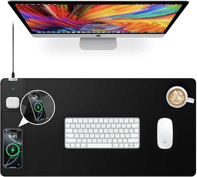 Wireless Charging Mouse Pad with Foldable Phone Holder, 31.5"x15.8" Large Desk Mat for Laptop/Keyboard, Waterproof Ultra-Smooth Surface, Non-Slip Base, Black