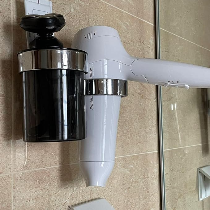 Hair Dryer Holder, Bathroom Blow Dryer Organizer with Storage Tray, Hair Care Tools Holder Wall Mount - Extra Large Rim (Silver+White, L 7.7”×W 4.1”×H 4.3”)