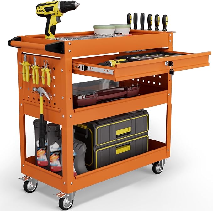 3 Tier Tool Cart on Wheels with Drawers - Three Tier Rolling Cart with Lockable Storage - Mechanic Tool Chest - Tool Chest with Wheels Used in Garage, Indoors, Workshop (Orange)