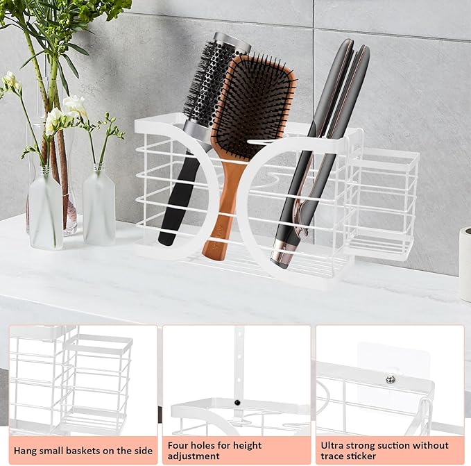 Elegant White Wall Mounted Hair Dryer Holder - Stylish Bathroom Organiser for Hair Dryer & Straightener, Hair Brush & Accessories