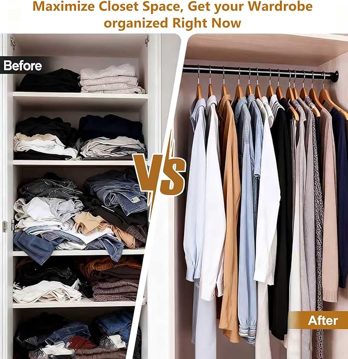 Closet Rods for Hanging Clothes, 16.5 to 46 Inches Adjustable Metal Closet Rod, Heavy Duty Clothes Hanging Rod for Closet Wardrobes Laundry